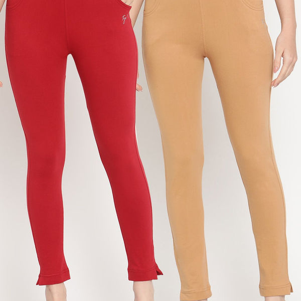 TAG 7 Women Pack of 2 Maroon & Beige Solid Kurti Pants - Distacart