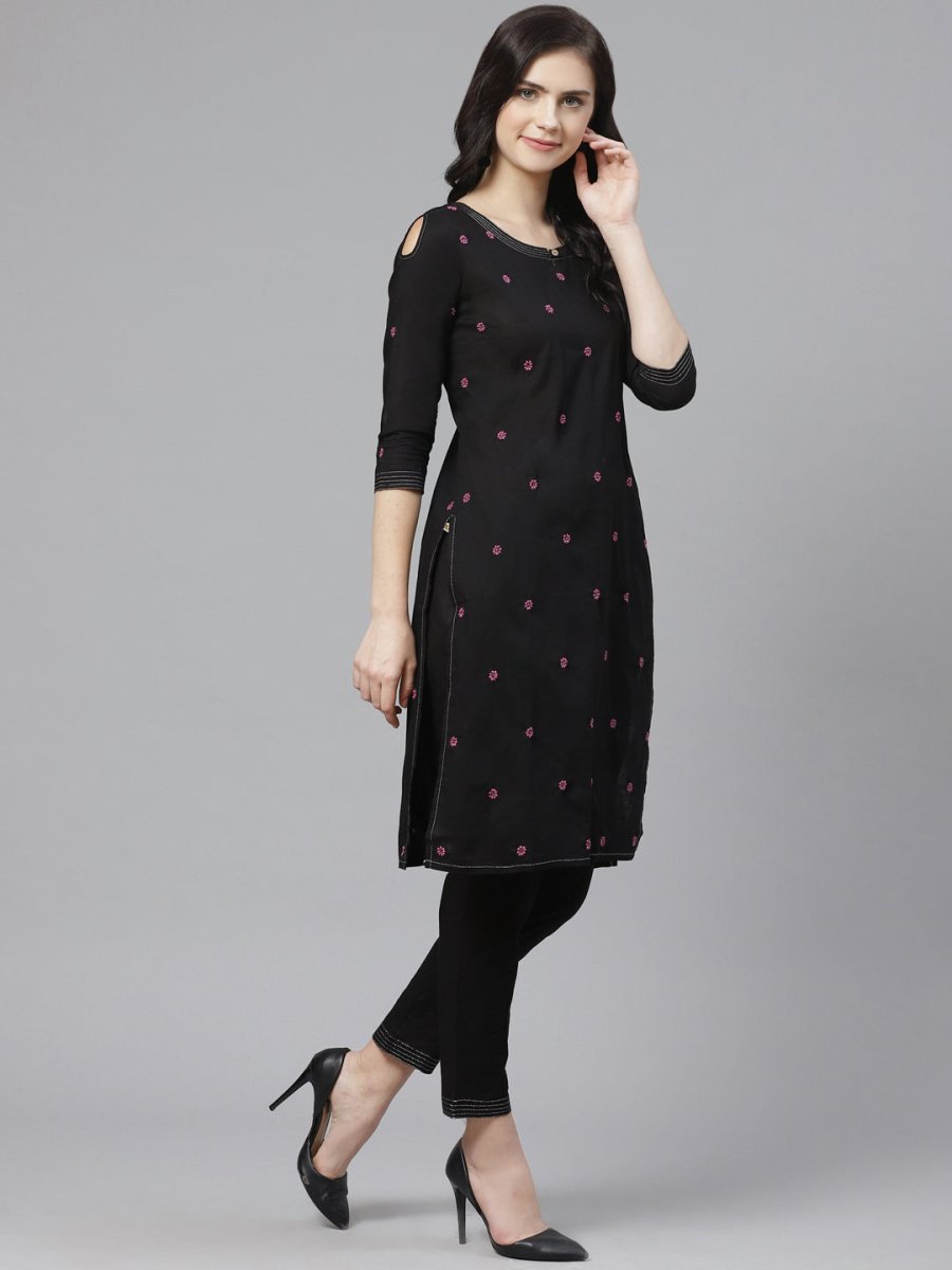 ADA Women Black & Pink Chikankari Embroidered Sustainable Handloom Kurta with Trousers - Distacart