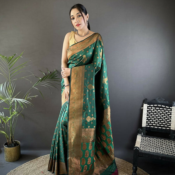 Joban Fashion Banarasi Dark Green Woven Soft Silk Saree - Distacart