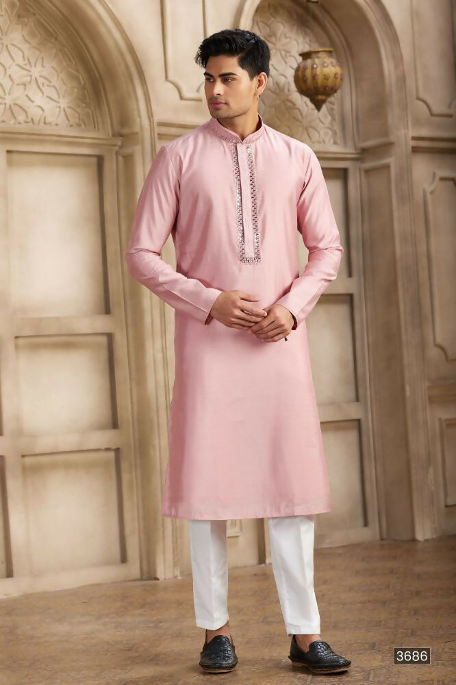 Raivat Ethnic Banarasi Art Silk Mirror Work Kurta Pajama In Dark Pink Colour