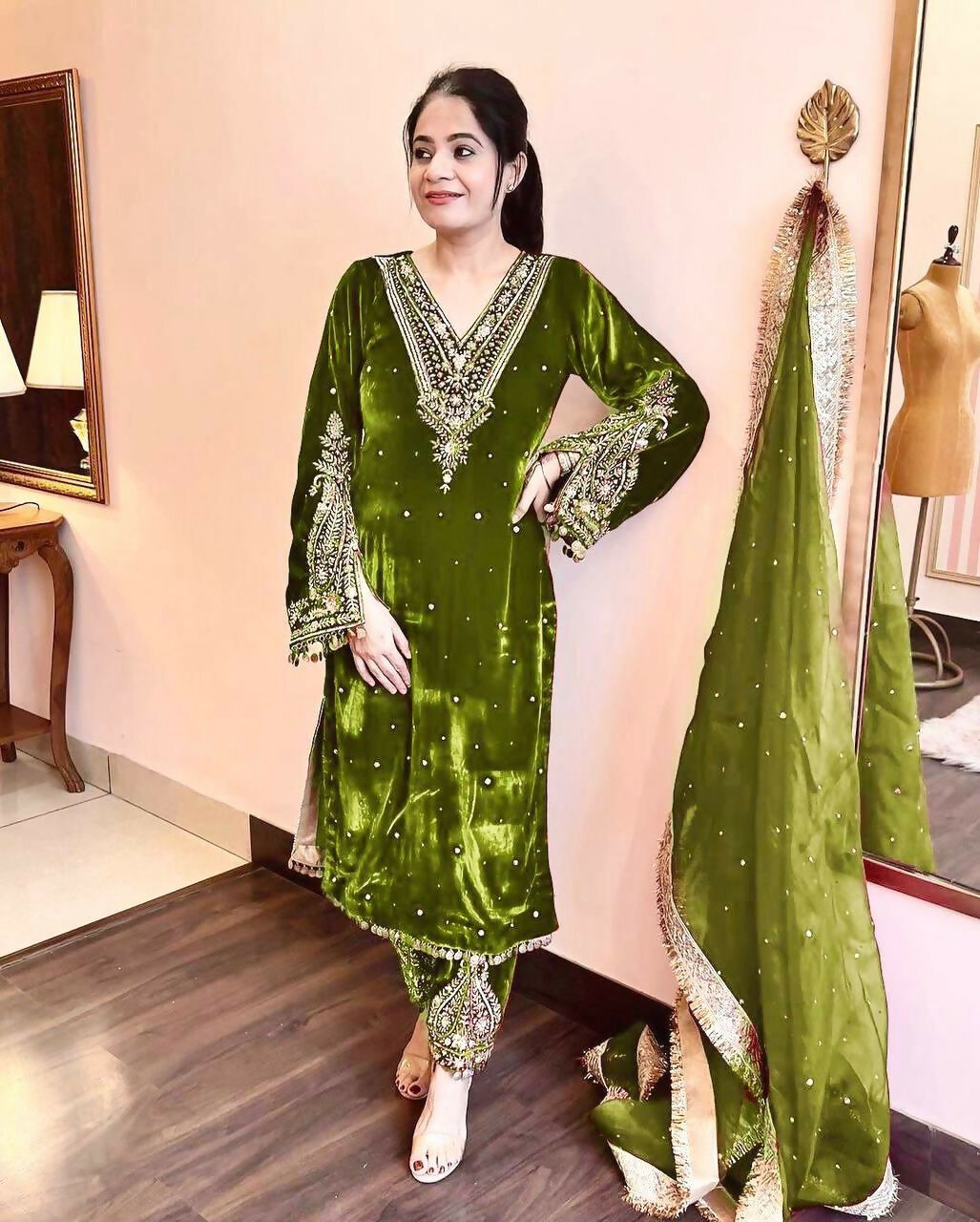 Joban Fashion Olive Green Velvet Embroidery Kurta Set
