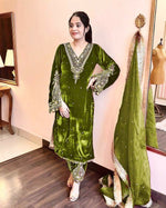 Thumbnail for Joban Fashion Olive Green Velvet Embroidery Kurta Set