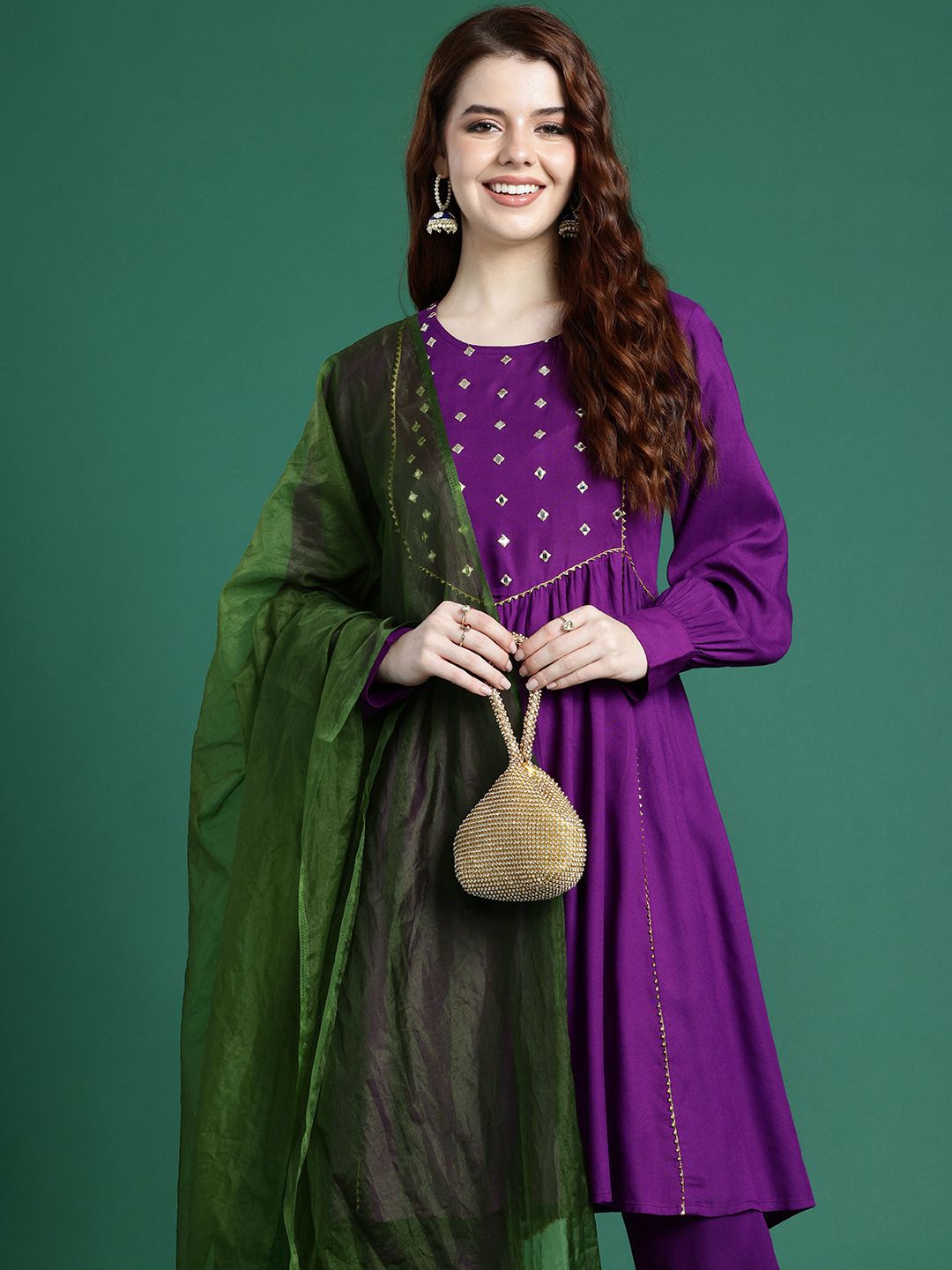 Sangria Mirror Work Embroidered Regular Gotta Patti A-Line Kurta With Trousers & Dupatta - Distacart