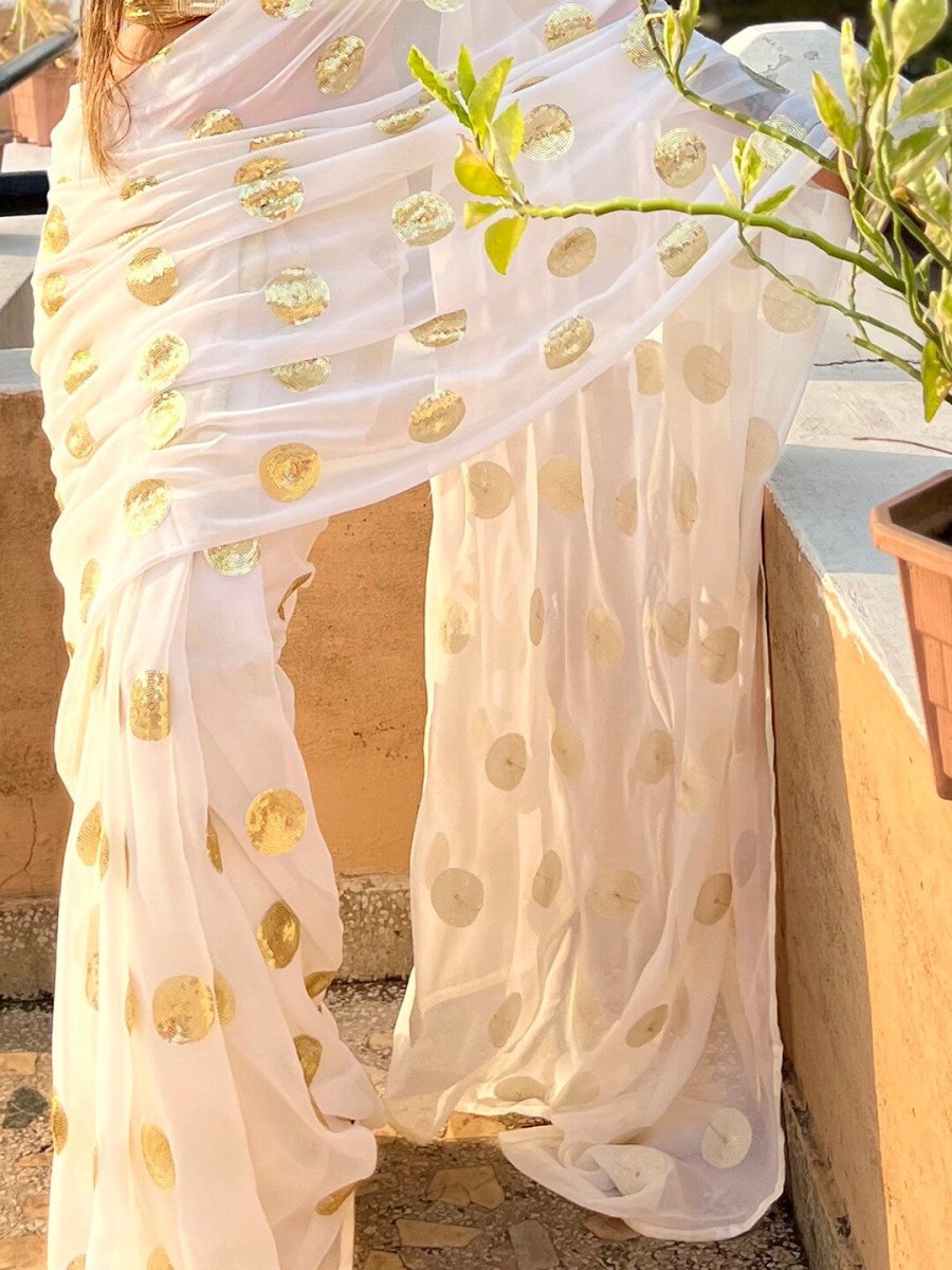Anouk White & Gold-Toned Embellished Sequinned Pure Georgette Saree - Distacart