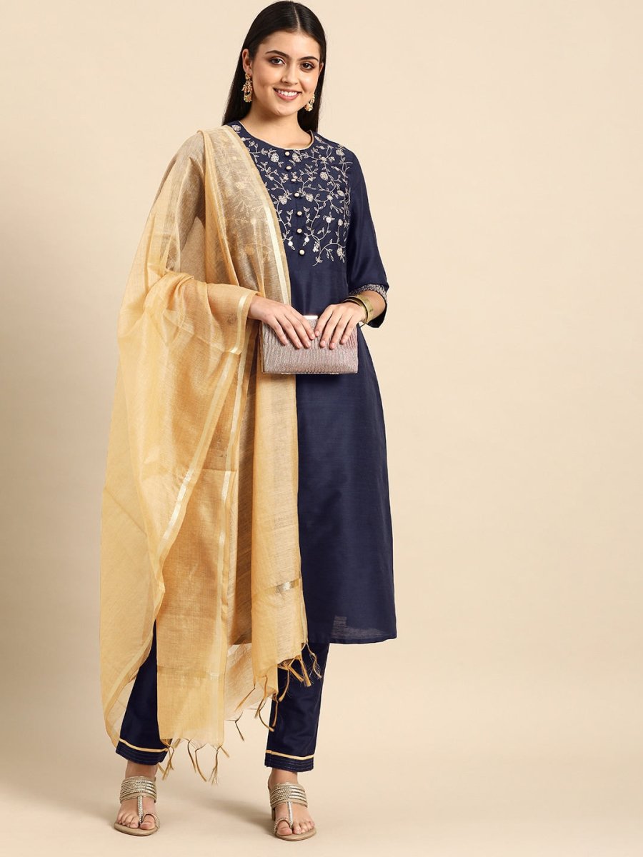 All About You Women Navy Blue Embroidered Kurta with Trousers & With Dupatta - Distacart