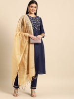 Thumbnail for All About You Women Navy Blue Embroidered Kurta with Trousers & With Dupatta - Distacart