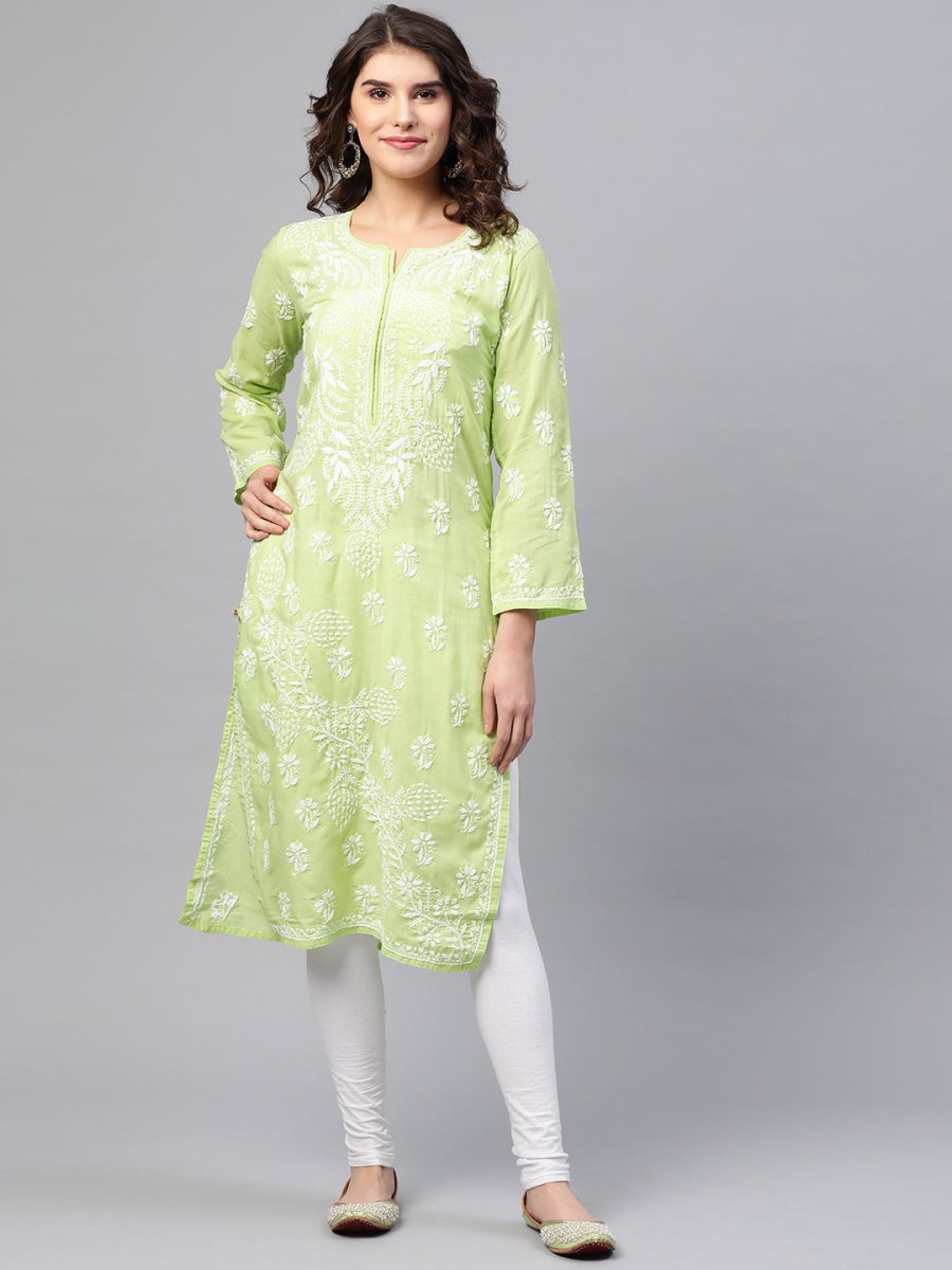 ADA Women Green & White Chikankari Embroidered Cotton Straight Sustainable Kurta - Distacart