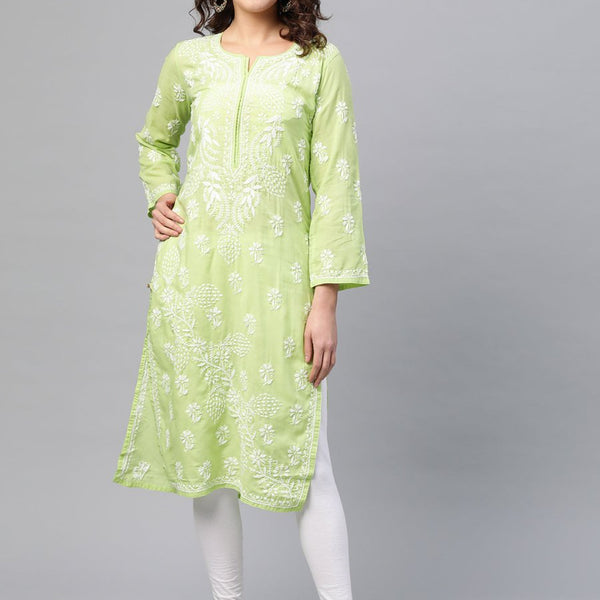ADA Women Green & White Chikankari Embroidered Cotton Straight Sustainable Kurta - Distacart