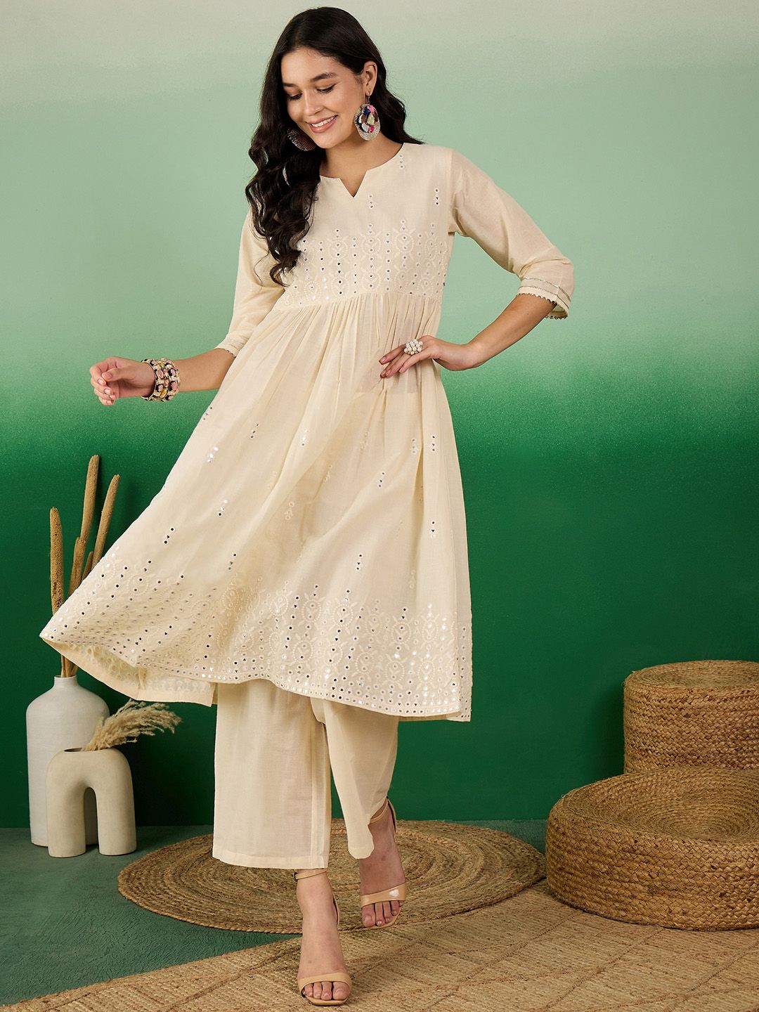 Sangria Off White Floral Embroidered Mirror Work Pure Cotton Anarkali Kurta Set - Distacart