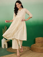 Thumbnail for Sangria Off White Floral Embroidered Mirror Work Pure Cotton Anarkali Kurta Set