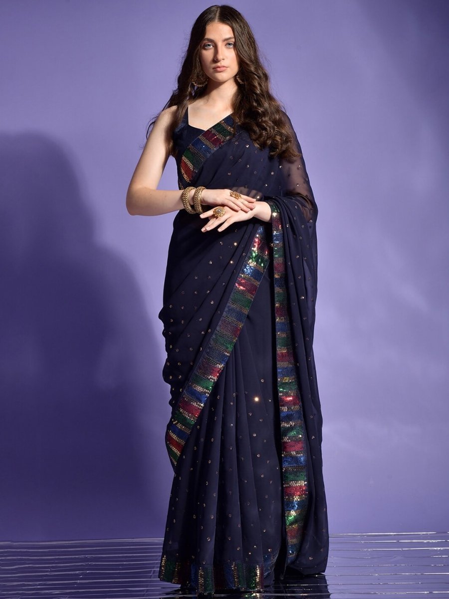 Anouk Navy Blue & Gold-Toned Floral Sequinned Pure Georgette Saree - Distacart