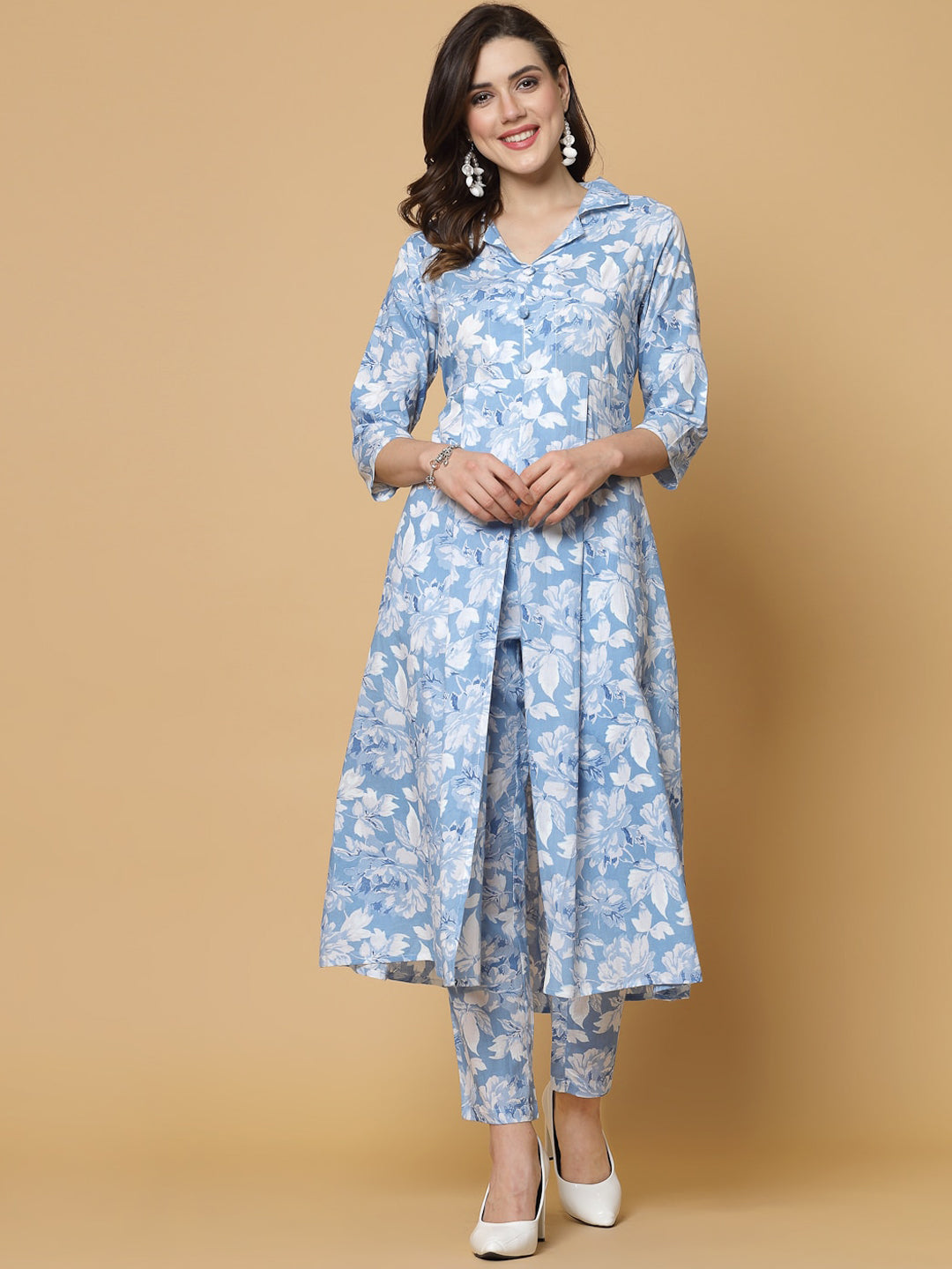 Kalini Floral Printed High Slit Pure Cotton Kurta with Trousers - Distacart