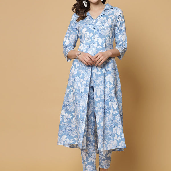 Kalini Floral Printed High Slit Pure Cotton Kurta with Trousers - Distacart