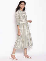 Thumbnail for AURELIA Olive Green & White Striped Shirt Midi Dress With Waist Tie Up