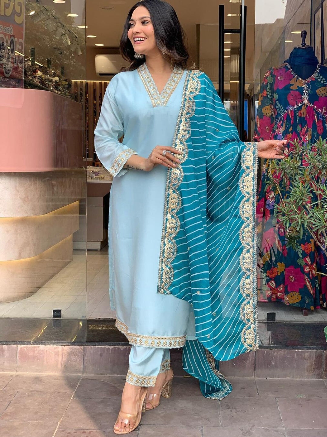 Kalini Floral Yoke Design Kurta With Trousers & Dupatta - Distacart