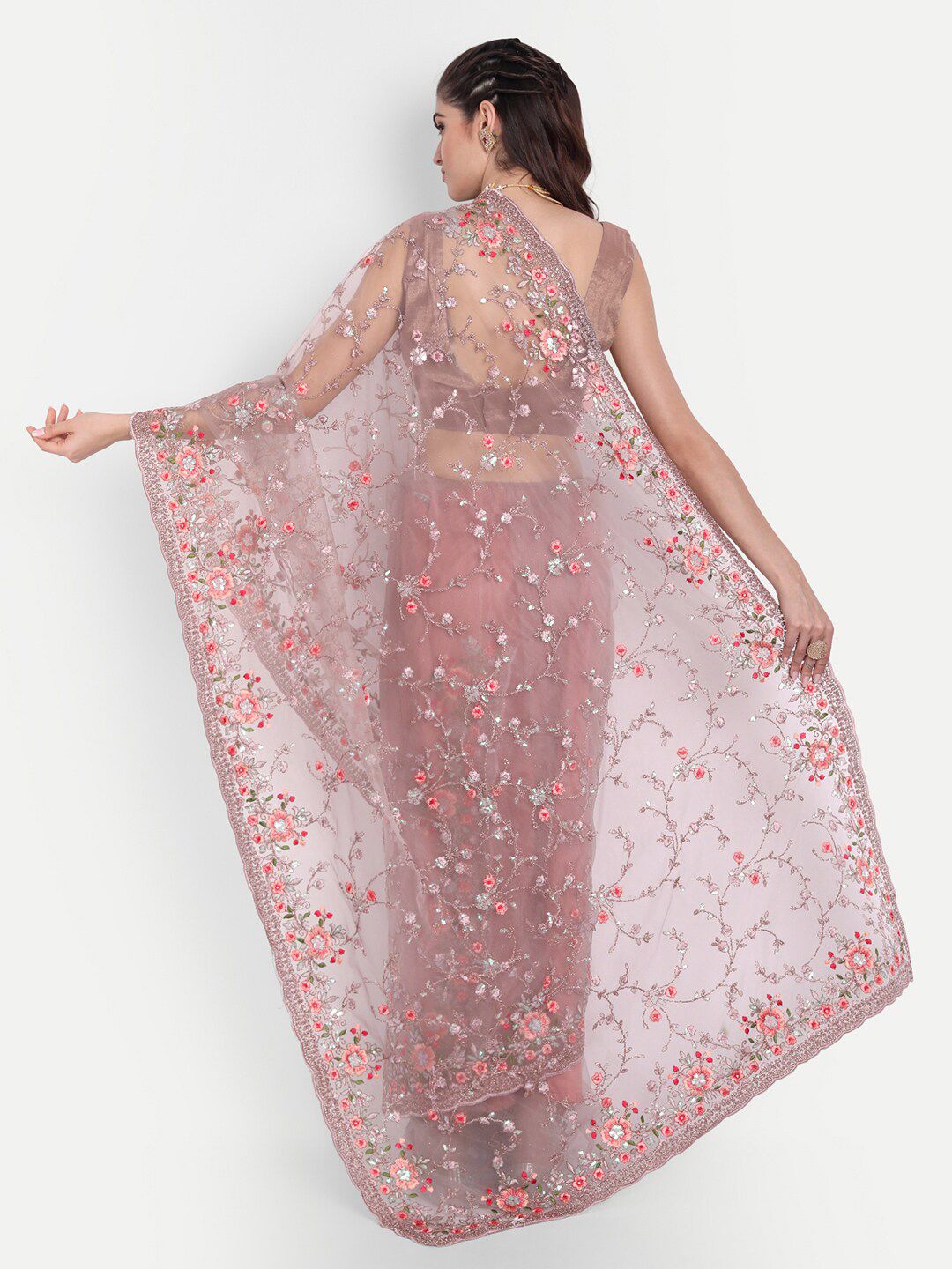 kasee Lavender & Peach-Coloured Floral Embroidered Net Saree - Distacart