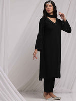 Thumbnail for Anouk Black Ethnic Motifs Embroidered V-Neck Thread Work Kurta with Trousers & Dupatta