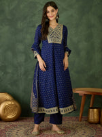 Thumbnail for The52 Blue Women's Gorgeous Embroidered Work Vichitra Silk Fabric Flared Kurta Pant and Dupatta Set - Distacart