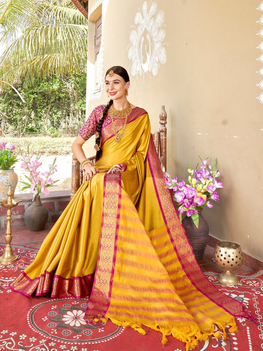 Anouk Yellow & Pink Zari Art Silk Saree - Distacart