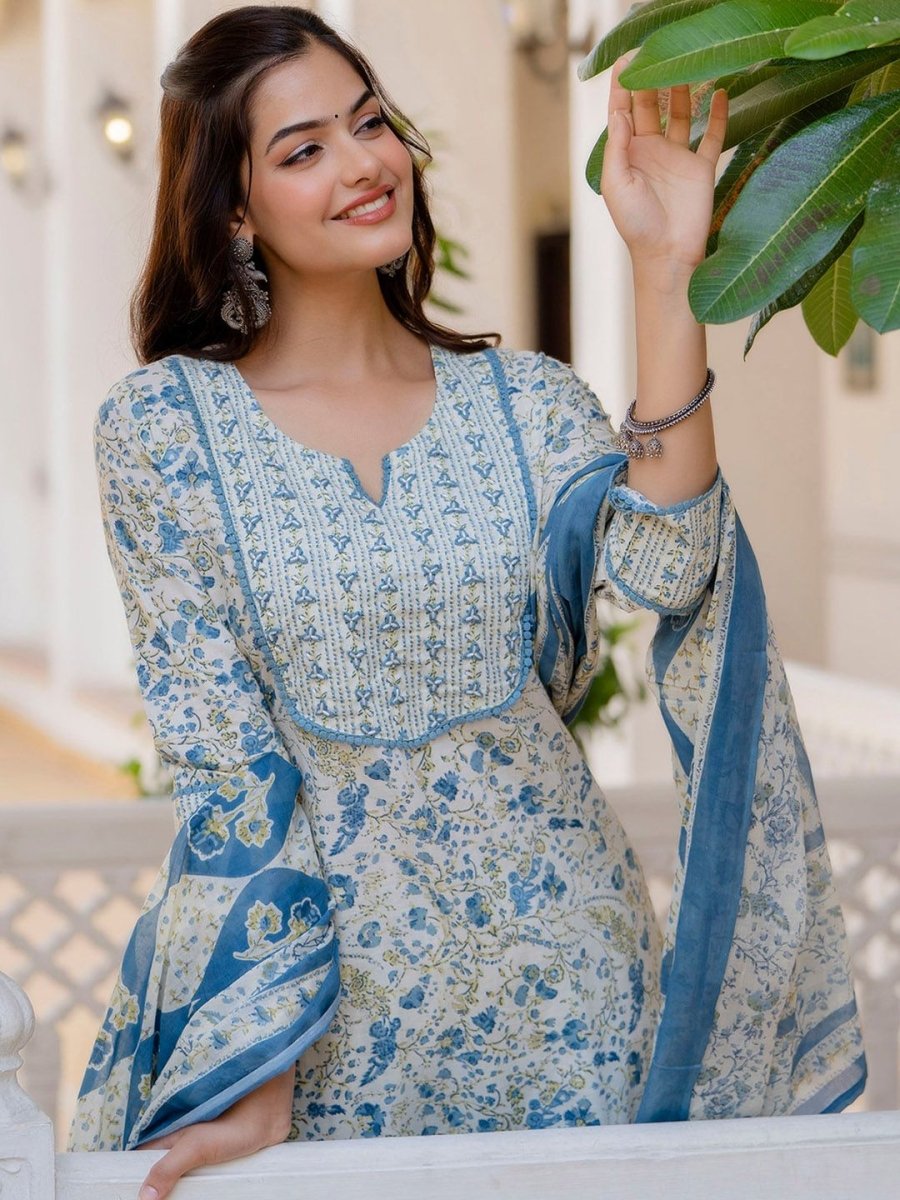 Anouk Women Floral Printed Regular Aari Work Pure Cotton Kurta with Trousers & With Dupatta - Distacart