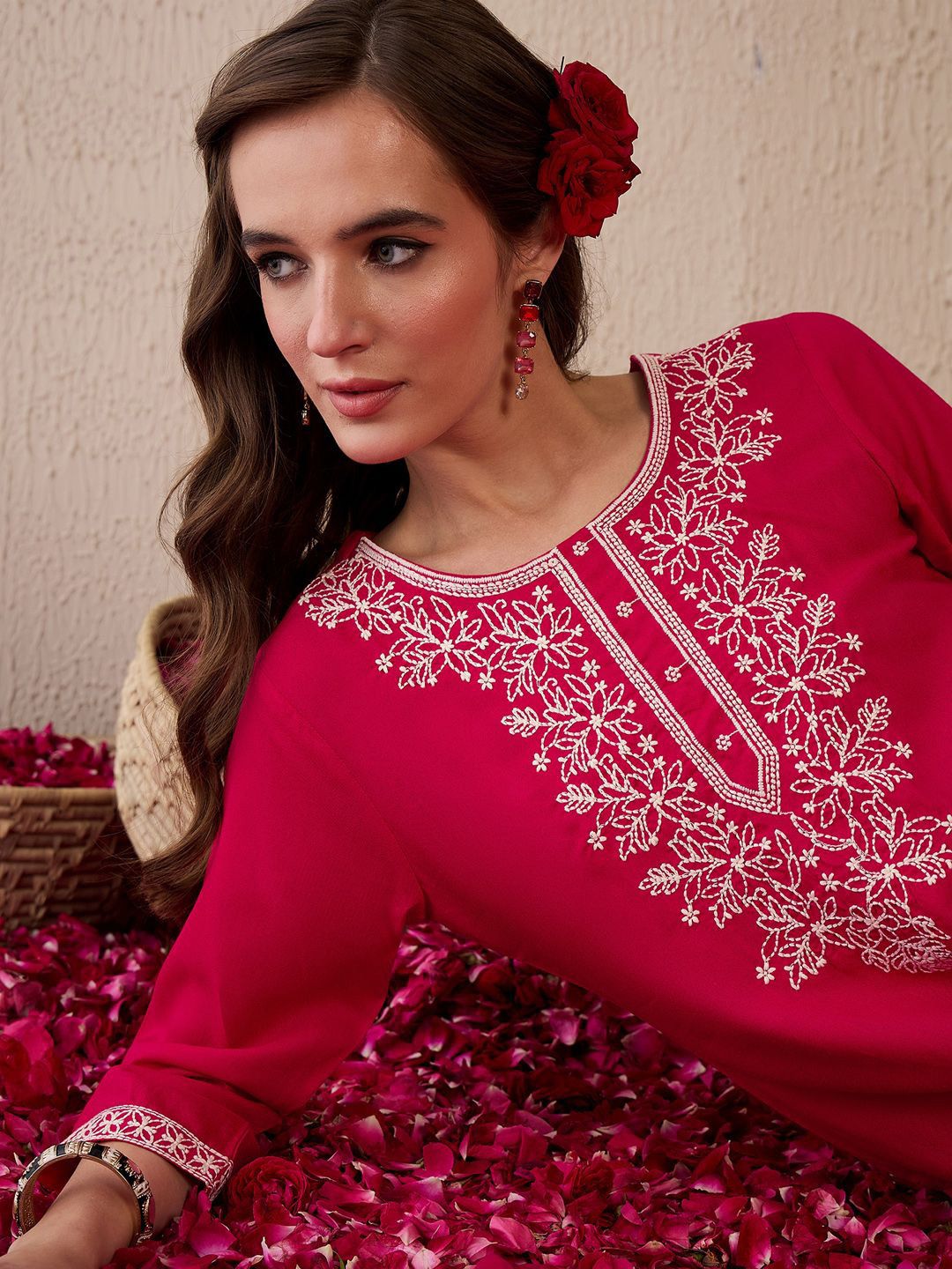 Indo Era Women Floral Embroidered Thread Work Kurta