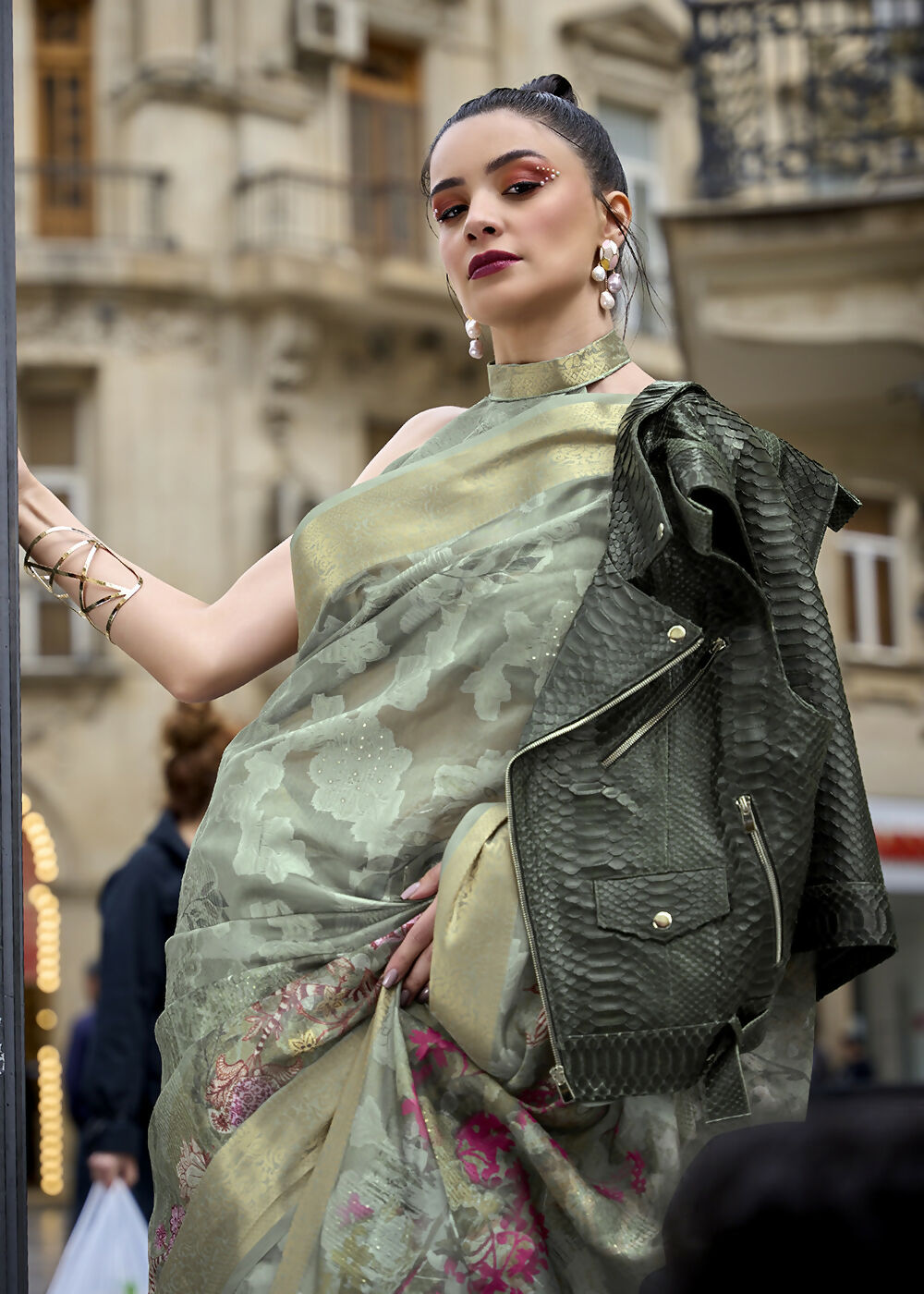 Lovely Pista Green Polly Brasso Designer Saree - Emponline - Distacart