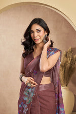 Thumbnail for Vastranavya Coffee Digital Printed Linen Ready To Wear Designer Saree with Unstitched Blouse - Distacart