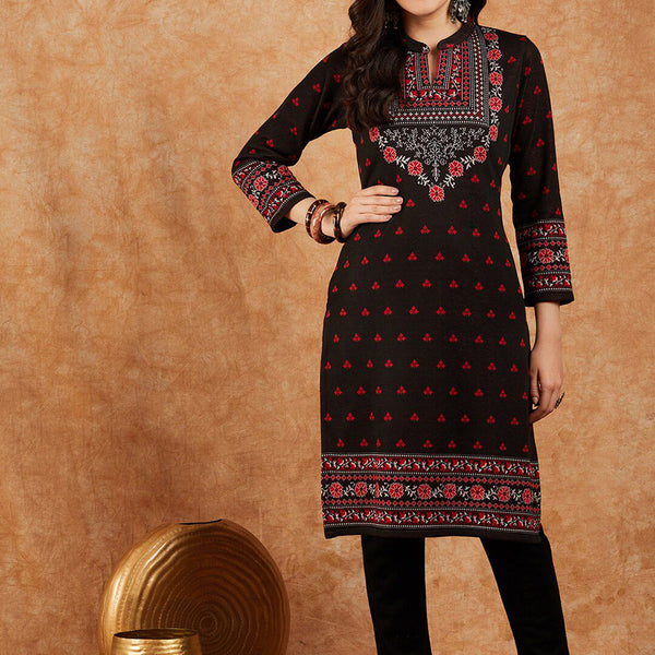 Sangria Floral Printed Mandarin Collar Winter Kurta & Trousers - Distacart