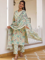 Thumbnail for Anouk Cream Floral Printed Pure Cotton Straight Kurta With Trousers & Dupatta
