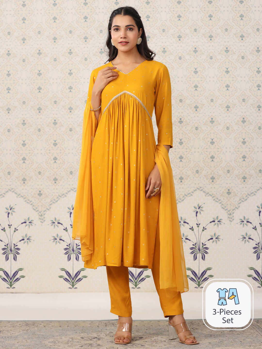 Ode by House of Pataudi Geometric Printed Pleated Kurta & Trousers With Dupatta - Distacart