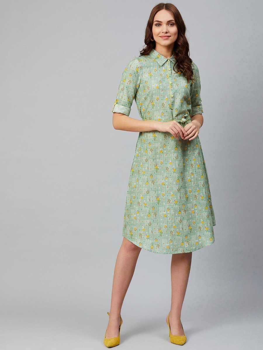 AURELIA Women Green & Yellow Floral Print Shirt Dress - Distacart