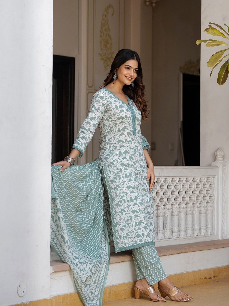 Anouk Floral Yoke Design Aari Work V-Neck Pure Cotton Kurta With Trousers & Dupatta - Distacart