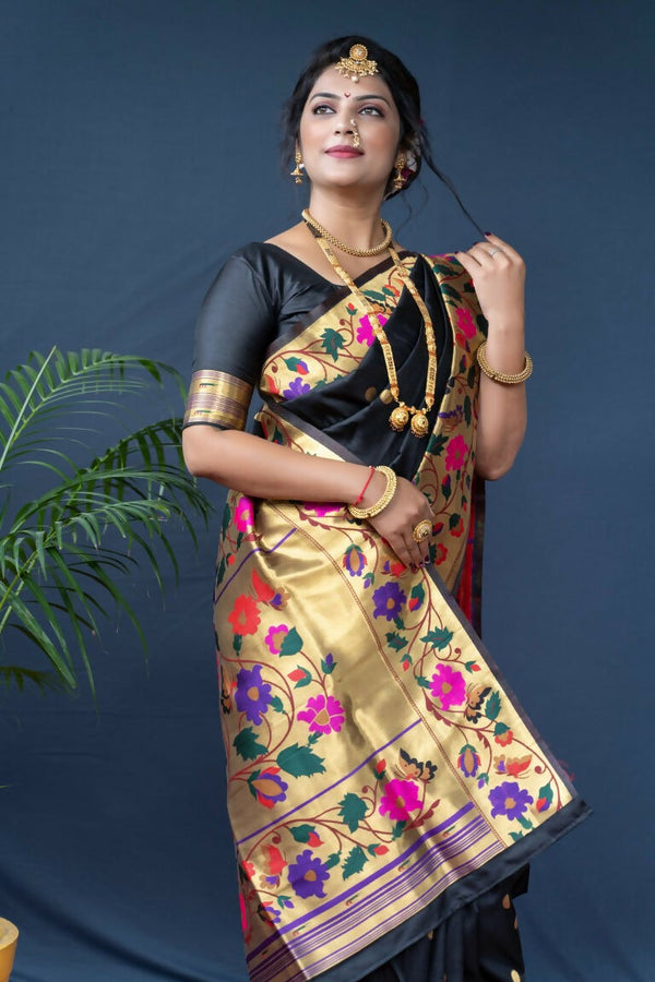 Jyoti Fashion Women's Black Paithani Silk Zari Woven Saree with Blouse - Distacart