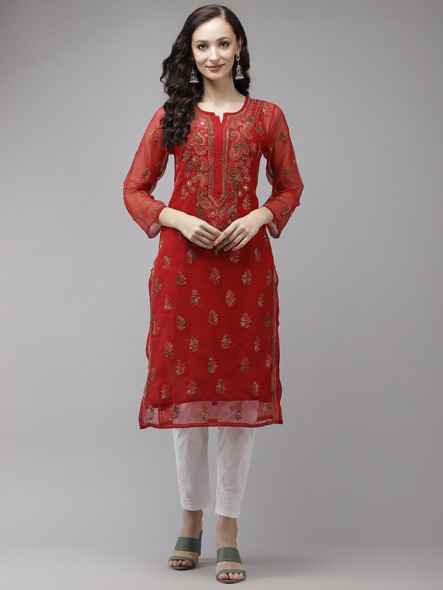 ADA Women Red Embroidered Regular Chikankari Kurta with Trousers - Distacart