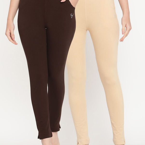 TAG 7 Women Pack of 2 Beige & Brown Solid Kurti Pants - Distacart