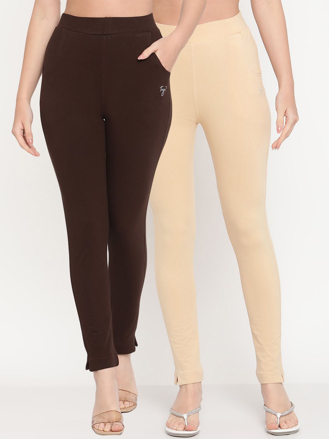 TAG 7 Women Pack of 2 Beige & Brown Solid Kurti Pants - Distacart