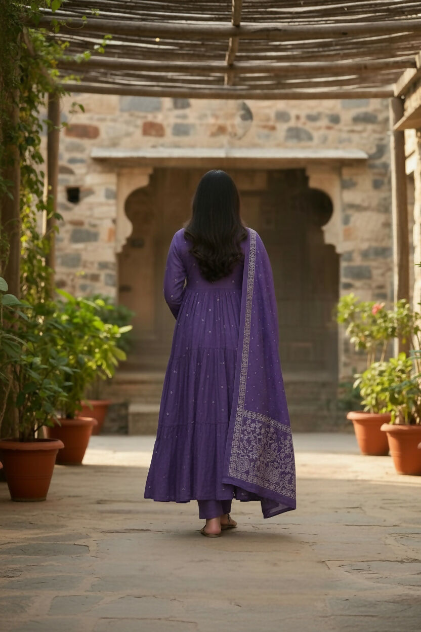 The52 Women's Beautiful Cotton Fabric Embroidery Work Flared Anarkali Pant and Dupatta Set - Distacart