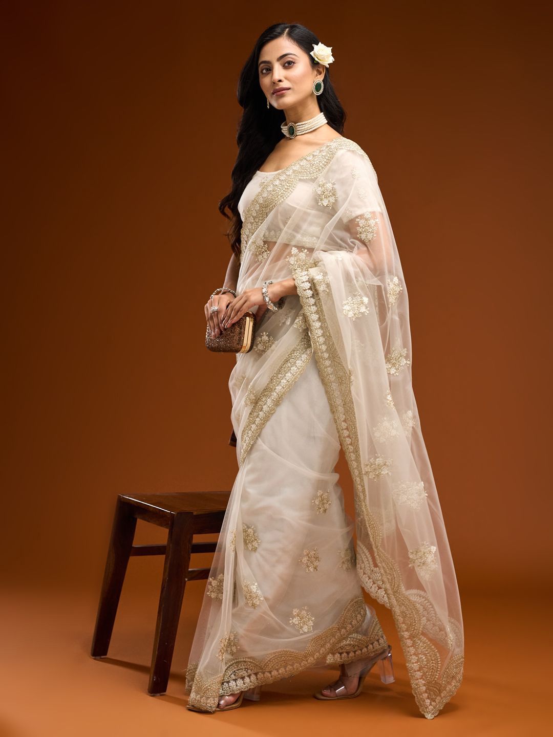 kasee Floral Embroidered Net Saree - Distacart