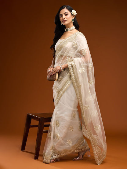 kasee Floral Embroidered Net Saree - Distacart