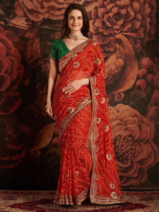 Anouk Red & White Printed & Embroidered Pure Georgette Bandhani Saree - Distacart