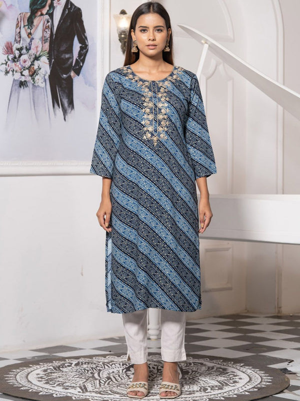 Ode by House of Pataudi Round Neck Printed Mirror Work Floral Kurta - Distacart