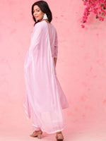 Thumbnail for Anouk Pink Paisley Embroidered V-Neck Pure Cotton Straight Kurta with Trousers & Dupatta