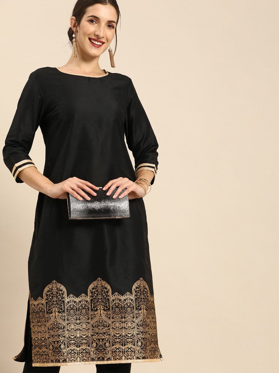 All About You Women Black & Gold Printed Regular Kurta with Trousers - Distacart