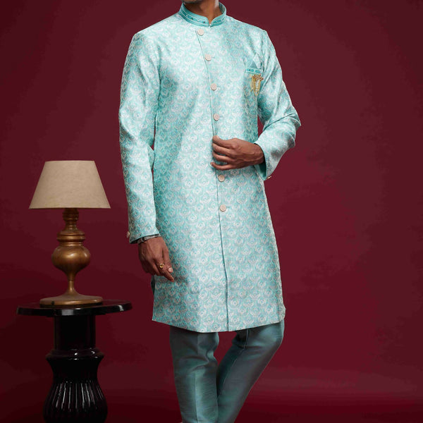 Raivat Ethnic Banarasi Jacquard Embroidery Semi Indo Western Sherwani In Sky Blue Colour