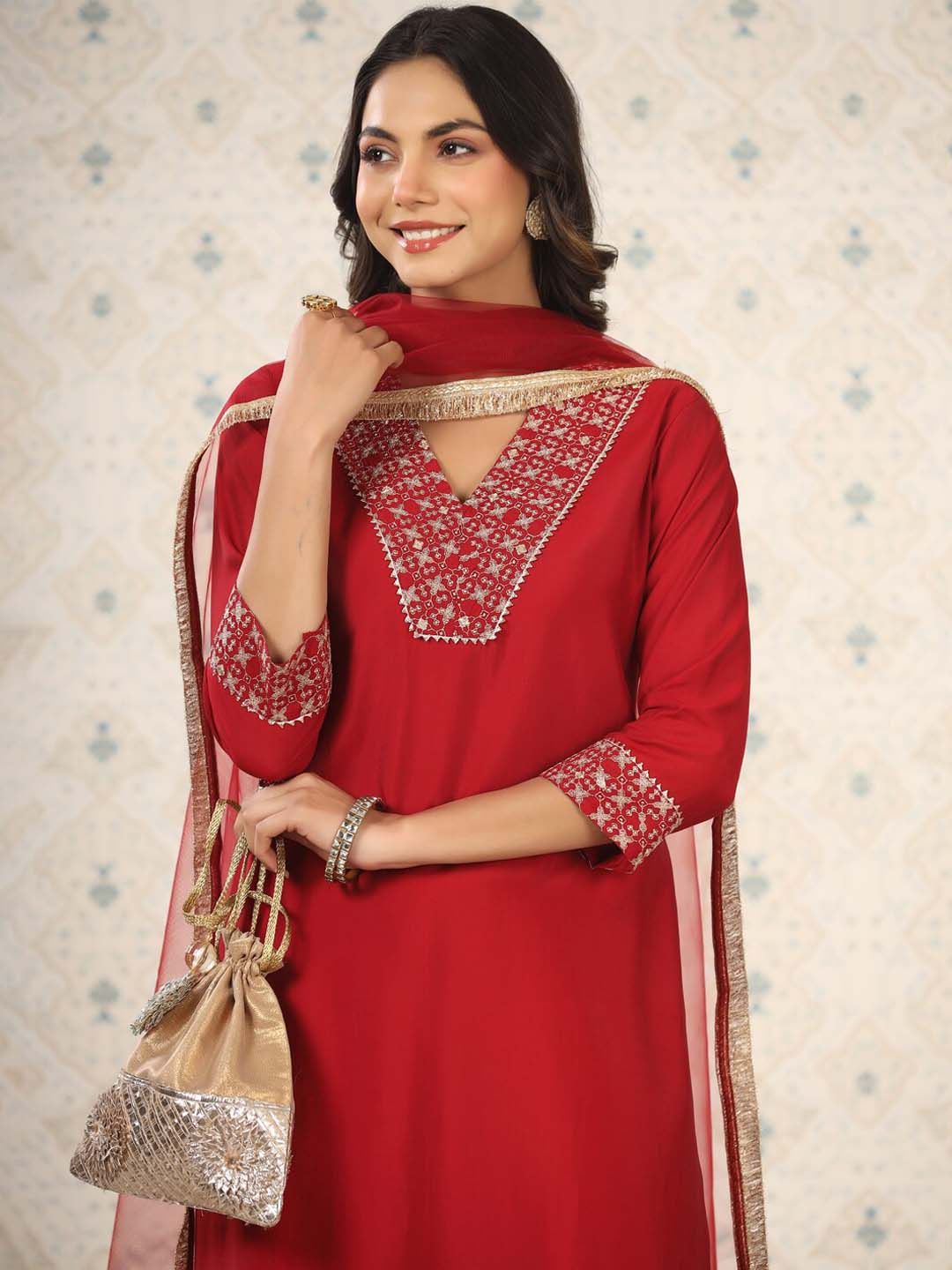 Ode by House of Pataudi Women Ethnic Motifs Yoke Design Regular Thread Work Kurta with Trousers & With - Distacart