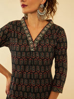 Thumbnail for Soch Black & Red Floral Printed Cotton Straight Kurta - Distacart