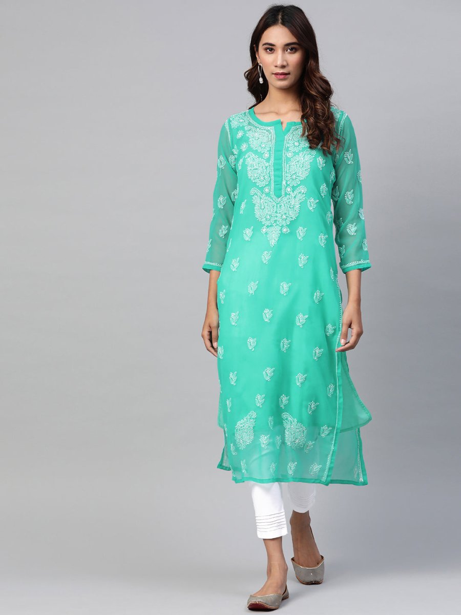 ADA Women Sea Green & White Chikankari Embroidered Kurta with Trousers - Distacart
