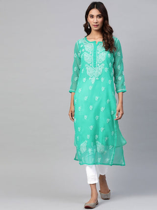 ADA Women Sea Green & White Chikankari Embroidered Kurta with Trousers - Distacart