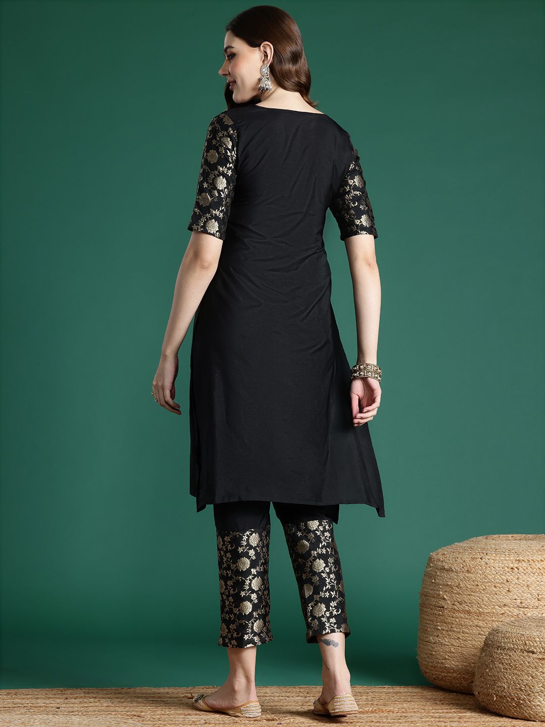 Sangria Floral Woven Designed Straight Kurta Set - Distacart