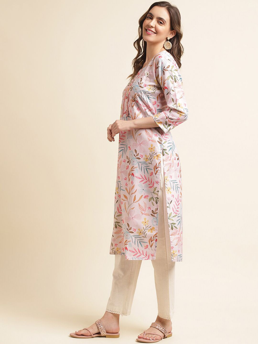 Ode by House of Pataudi Pink Floral Printed Sequinned Linen Kurta With Trousers & Dupatta - Distacart